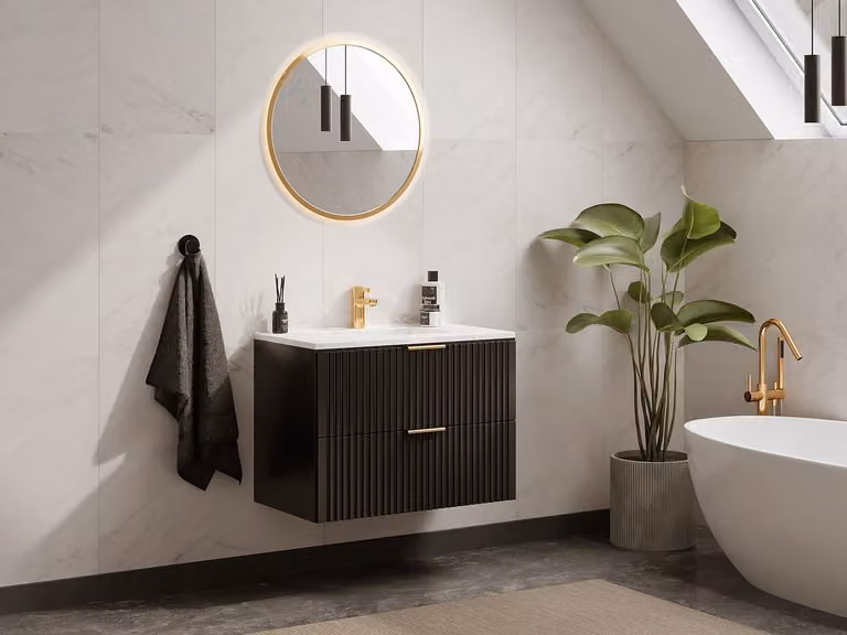 Geribbeld hangmeubel voor badkamer met inbouwwastafel ZEVARA - Zwart - Breedte: 80 cm