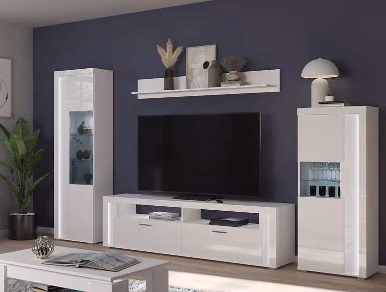 home24 Staande vitrinekast met glazen deuren en LED-verlichting, wit, B: 60 cm, D: 37 cm, H: 202 cm