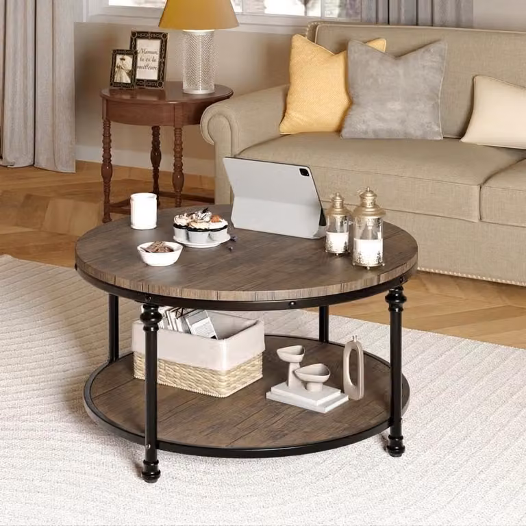Ronde Salontafel met 2 Niveaus in Bruin Houtlook en Metaal - Industrieel Design met Romeinse Kolom Poten - Ø 77 cm