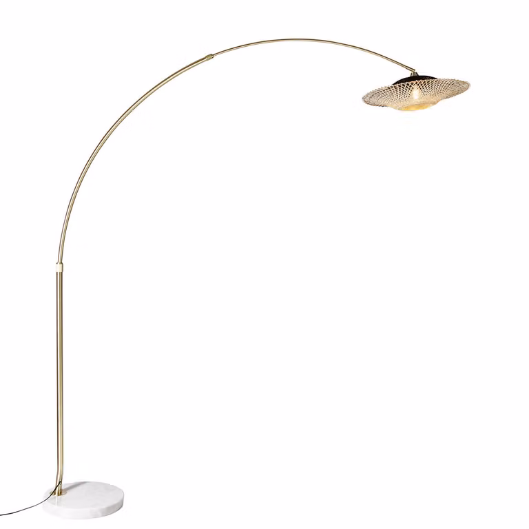 Qazqa Moderne Booglamp Rina Wit en Goud met Bamboe en Rattan, Hoogte: 50 cm