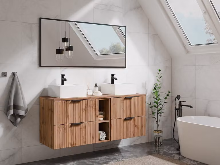 ZEVARA Geribbeld zwevend meubel onder wastafel met nissen - Licht naturel - Breedte: 140 cm