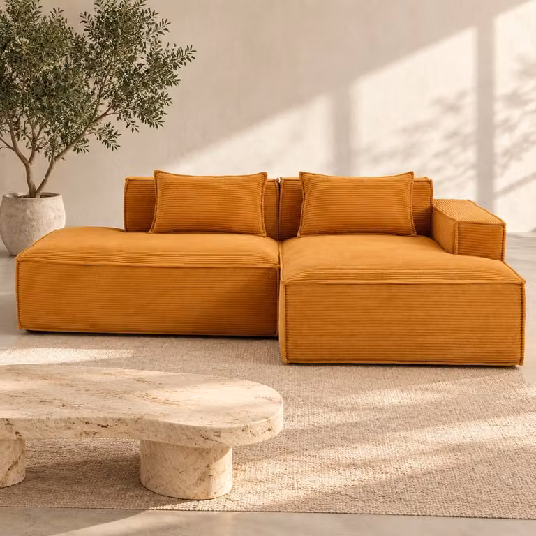 WUVRIE Hoekbank 235 cm met rechter loungedeel en 2 kussens, Polyester, Mosterdgeel