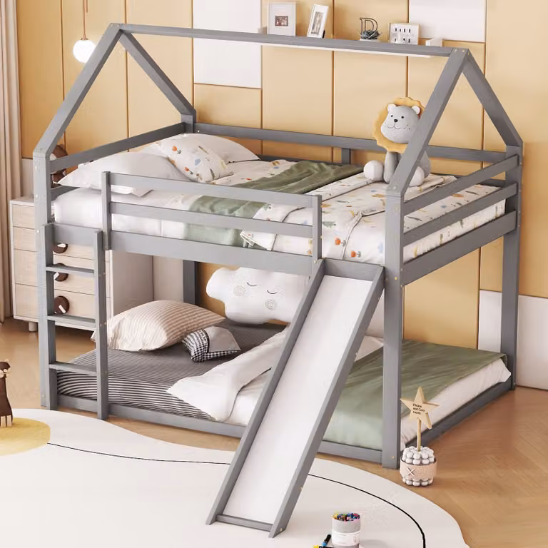 STILVORA Stapelbed voor kinderen met glijbaan en trap, houten bedhuis van massief grenenhout, Grijs, B/D: 140 x 200 cm