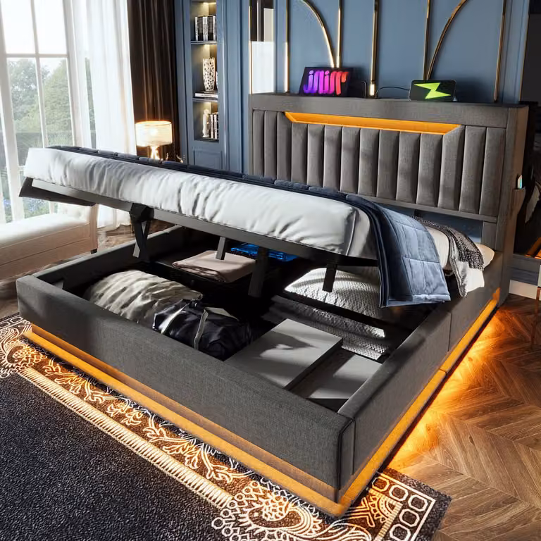 MODFU Bedframe Grijs Linnen met LED-verlichting, USB/Type-C aansluitingen en Hydraulisch opbergmechanisme B/D: 160 x 200 cm
