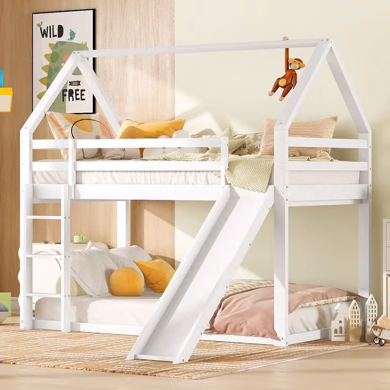 Wit huisbed met glijbaan en ladder voor kinderen, massief grenen frame, 90 x 200 cm