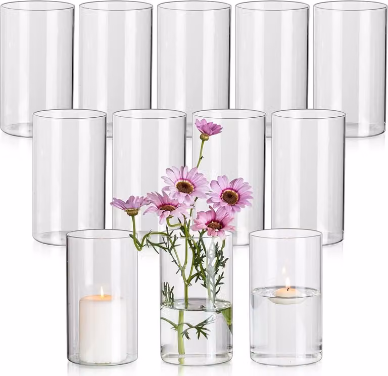 Set van 12 Moderne Cylinder Vazen voor Bloemen, 15 x 8,5 cm, Decoratieve Vazen voor Tafelversiering en Bruiloft Centraal Stuk