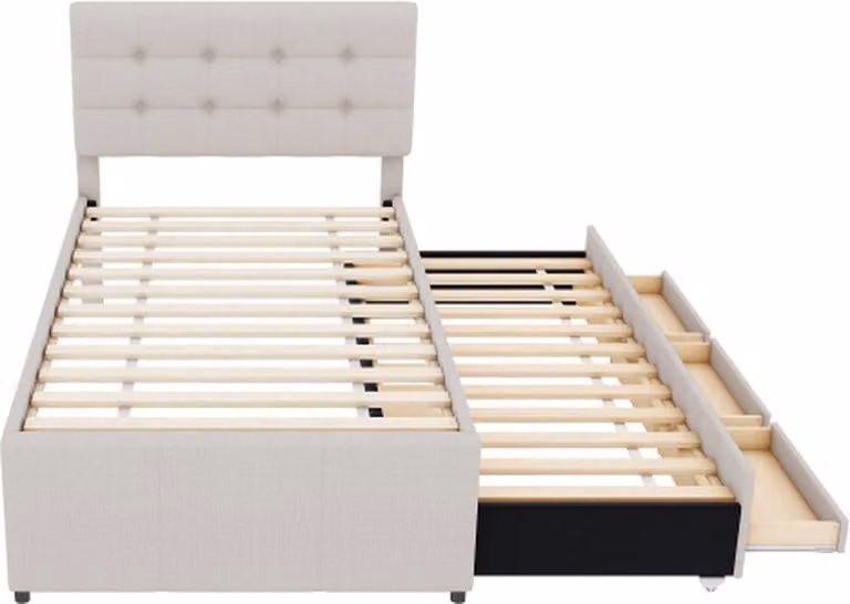 Gotagee Gestoffeerd familiebed met drie lades en uitschuifbaar uitrolbed, verstelbaar hoofdeinde, B/D: 90 x 200 cm