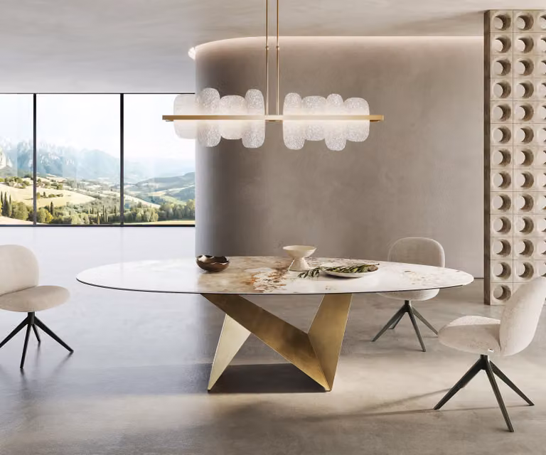 DELIFE Eettafel Edge Oval Minas Melange wit-beige met keramiek en goudkleurig metalen onderstel B: 280 cm, D: 130 cm, H: 76 cm