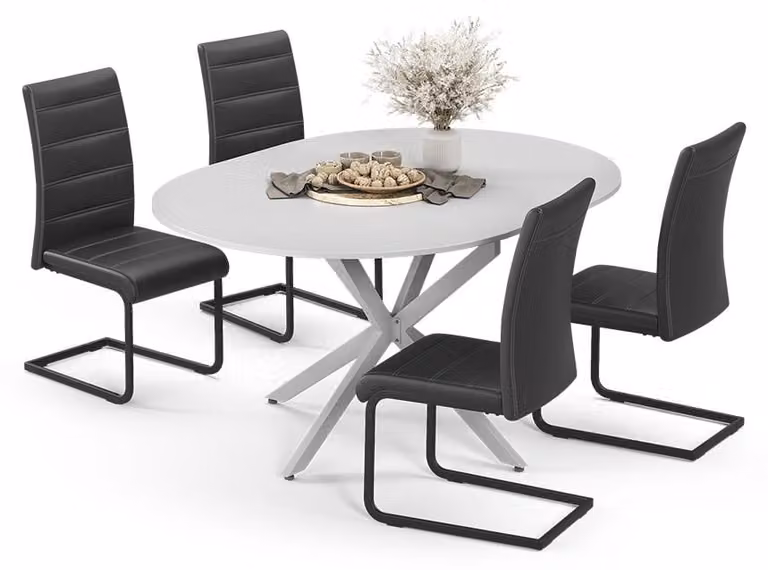 Vicco Loyd Eettafelset Wit/Grijs met 4 Zwarte Eetkamerstoelen, B/D: 120 x 120 cm, Model 63008