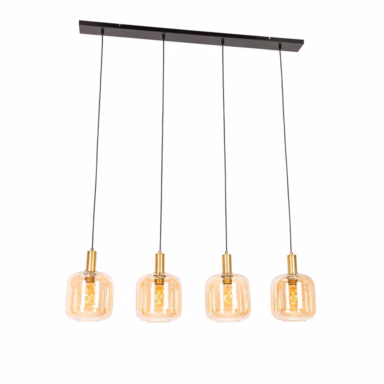 Qazqa Design hanglamp zwart en messing met amber glas, 4-lichts, dimbaar