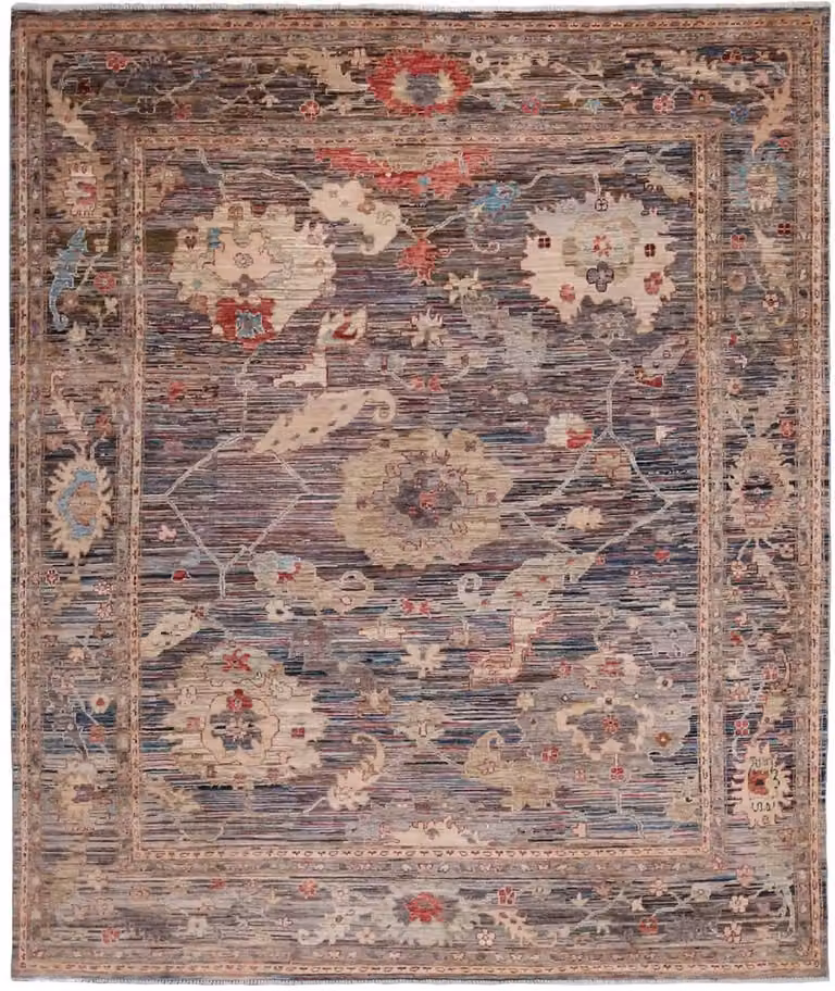 Handgeknoopt Art Deco Tapijt met Geometrisch Patroon in Bruin, Grijs en Multicolour, Wol, 298 x 248 cm