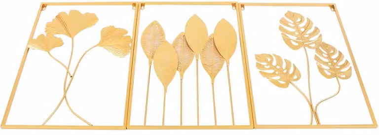 Venzor 3-delige Gouden Metalen Wanddecoratie met Bladeren Design, Moderne 3D Muurkunst, B/D/H: 60 x 40 cm