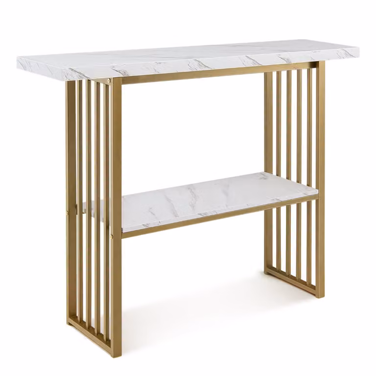 Costway Console Tafel met 2 Niveaus, Marmerlook, Wit & Goudkleurig, B/D/H: 120 x 29,5 x 92,5 cm