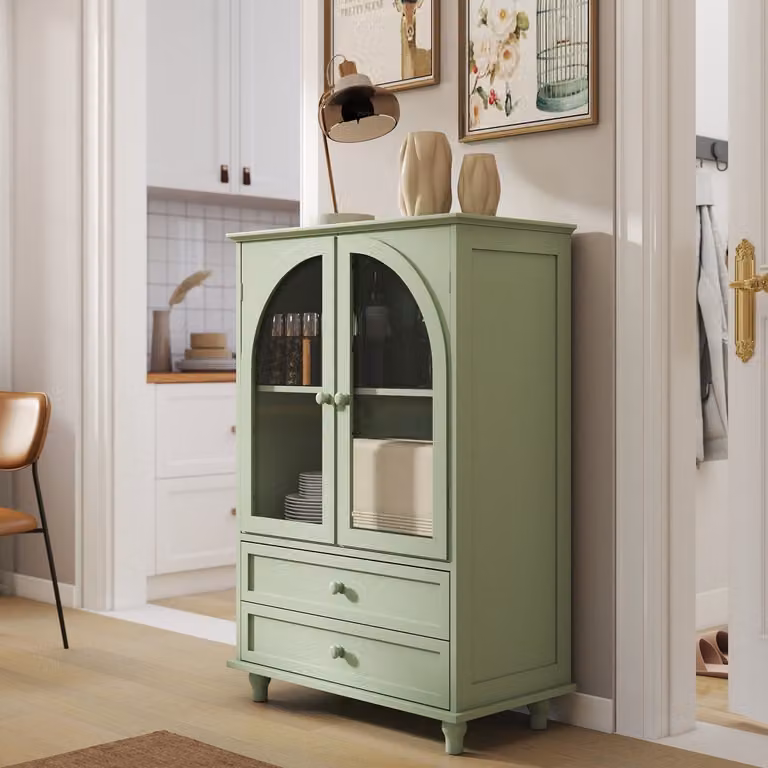 Buffetkast Sideboard in Landhuisstijl met Gewelfde Geharde Glazen Deuren en 2 Laden - Mintgroen - B/D/H: 71 x 38 x 106,5 cm