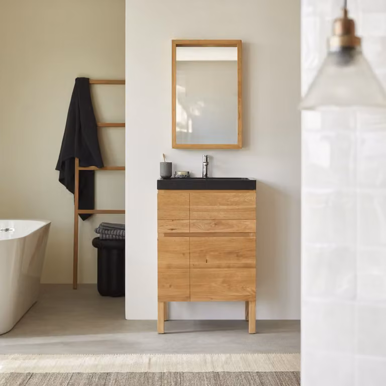 Tikamoon Badkamermeubel Easy van massief eikenhout en lavastenen, Bruin, Breedte: 60 cm