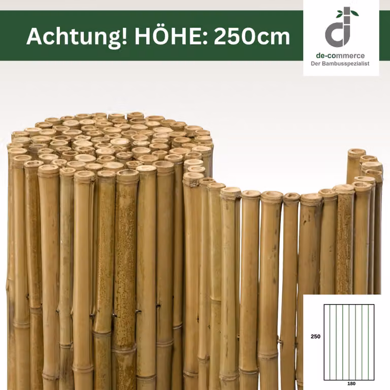 DELUXE Bamboe privacy scherm met een hoogte van 250 cm en breedte van 180 cm, natuurlijke bamboe afscheiding voor tuin of balkon met een diameter van 20–30 mm