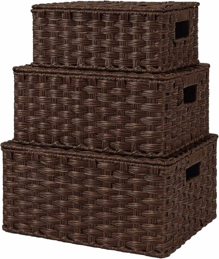 Famanu Set van 2 Opbergmanden met Deksel en Handvatten in Koffiekleur - Rattan Look met Open Weave en Metaal