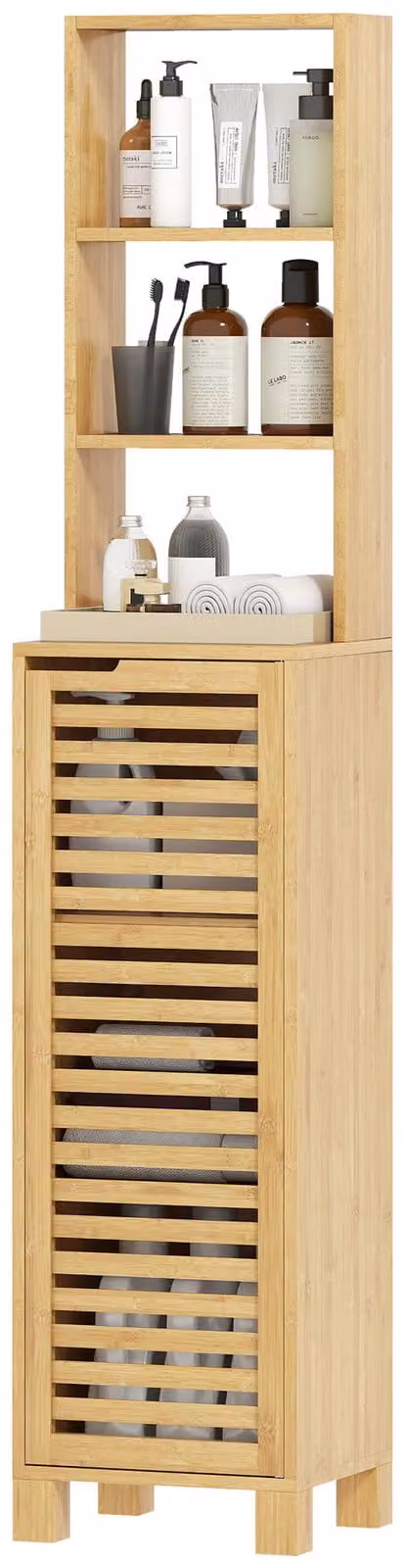 HOMCOM Smalle hoge badkamerkast met planken in naturel hout