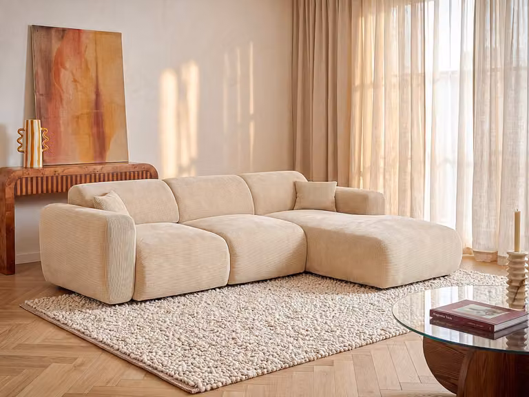 Maison Céphy POGNI Grote hoekslaapbank rechts in beige fijn ribfluweel met slaapfunctie en afneembare hoezen, B/D/H: 220 x 140 x 77 cm