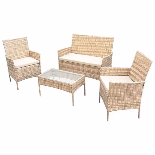 SVITA Brooklyn 4-delige polyrotan loungeset met kussens en glazen tafel in beige