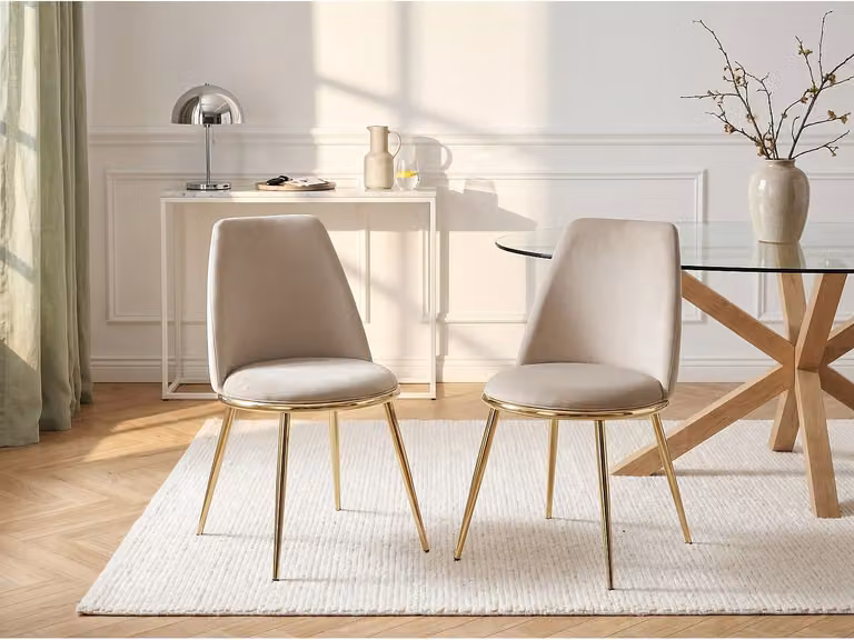 Set van 6 NEBINA eetkamerstoelen met beige fluwelen bekleding en goudkleurig metalen onderstel