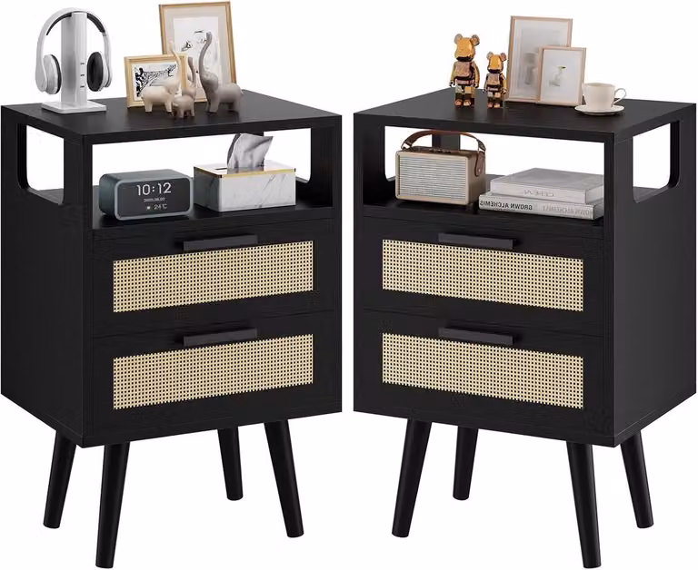 Vellaro Bijzettafel set - Zwart - 2-delig - Rotan en Massief Hout