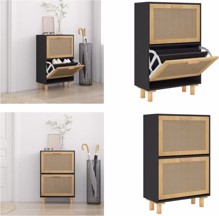 vidaXL Schoenenkast van hout en rattan met deuren en laden, zwart, B/D/H: 52 x 25 x 80 cm