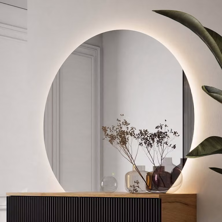 Planetmöbel AUBE LED Wandspiegel met Dimfunctie, Halfronde Boogspiegel, Neutraal Wit Licht, 100 x 90 cm