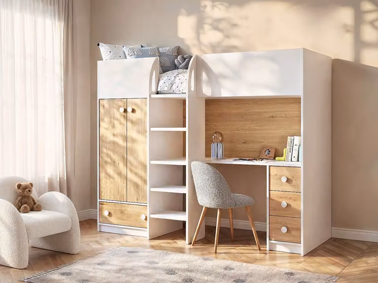 CINAMO Hoogslaper met kast, bureau en lades - Wit - B/D/H: 190 x 90 x 162,3 cm