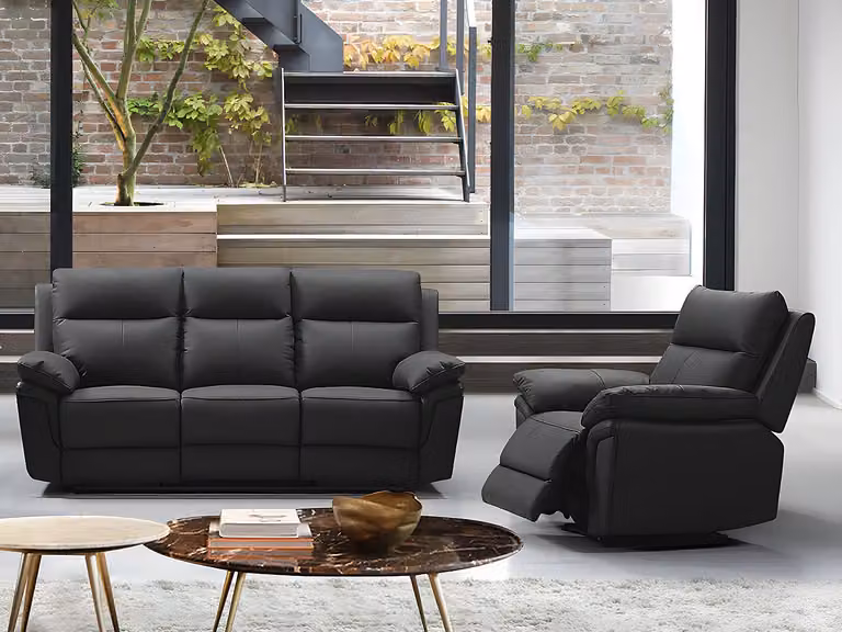 Pakita Relaxbank met 3 zitplaatsen en fauteuil van zwart buffelleer