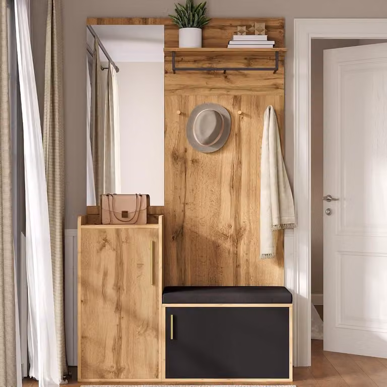 Gangmeubelset Garderobekast met Spiegel en Zitgedeelte - Houtkleur Zwart - Breedte: 100 cm