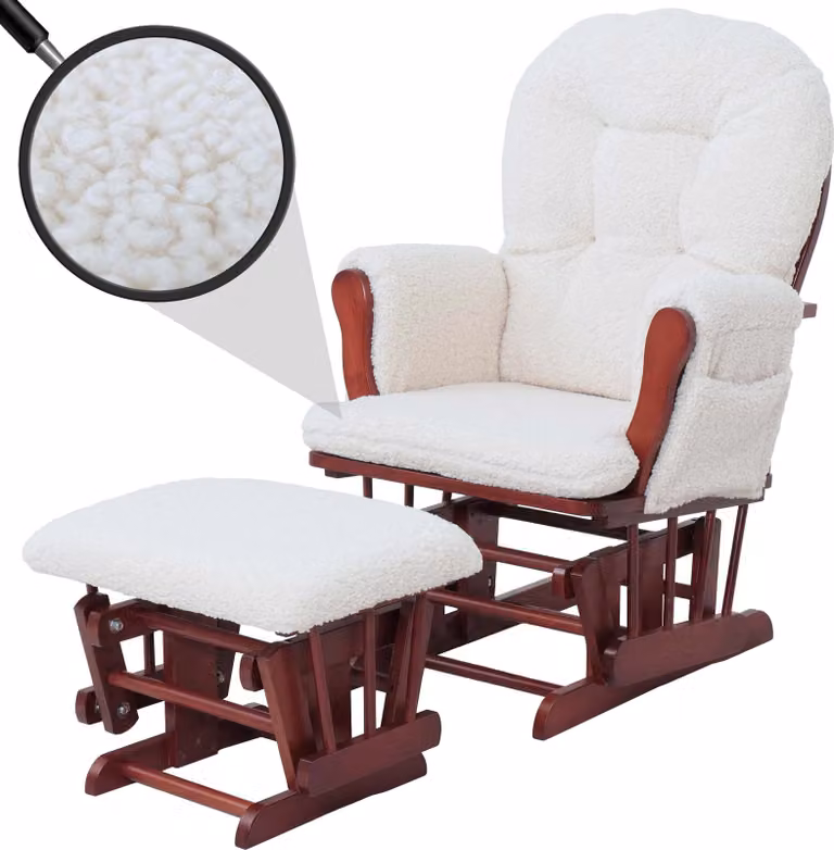 Mendler Relaxfauteuil HWC-C76 met hocker, schommelstoel bekleed met crème bouclé stof en donker frame