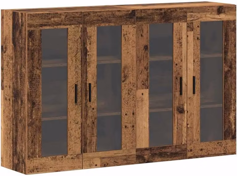 Set van 2 Wandkasten Oud Hout met Glazen Deuren - Rustieke Wandkast voor Keuken en Eetkamer - B/D/H: 69,5 x 34 x 90 cm