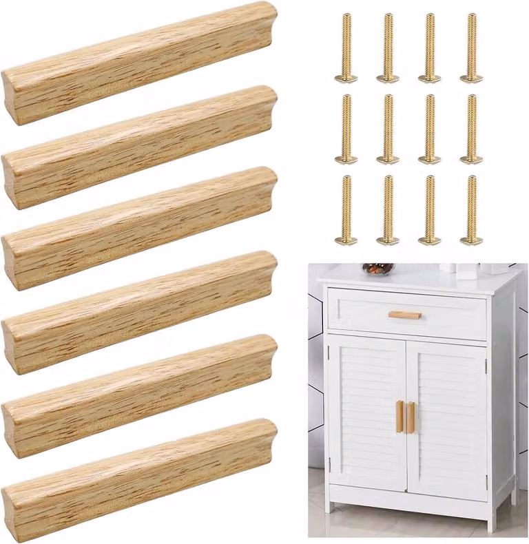 Set van 6 houten meubelgrepen voor keukenkasten en lades, gatafstand 128 mm, natuurlijk hout