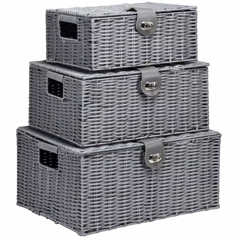 HOMCOM 3-delige multifunctionele opbergmanden met deksel en handvatten, PE rotan, grijs, B: 35,5 cm, D: 28,5 cm, H: 18 cm