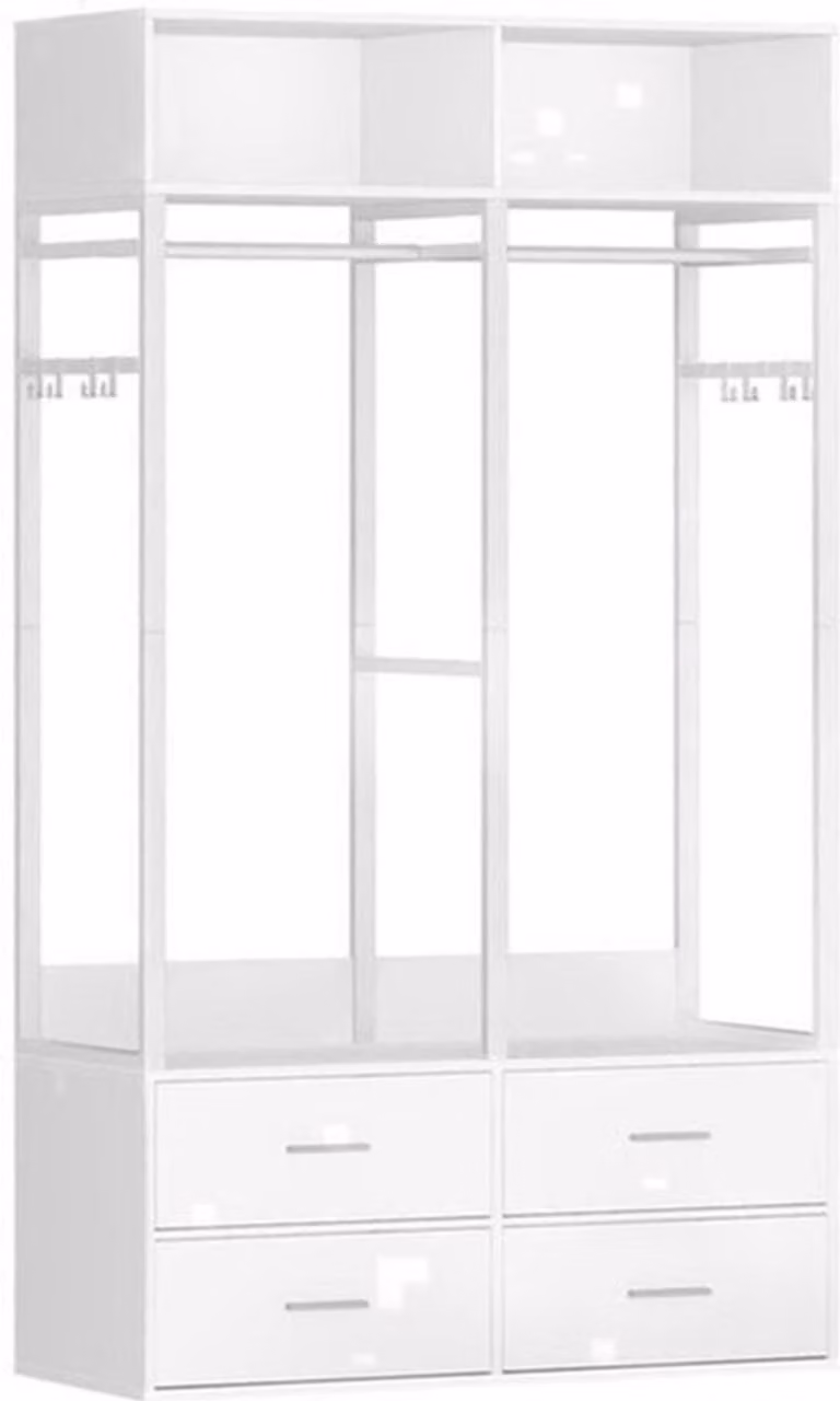 Open kledingkast met 4 lades en 8 haken in wit MDF en metaal, H 185 cm x B 100 cm x D 43 cm