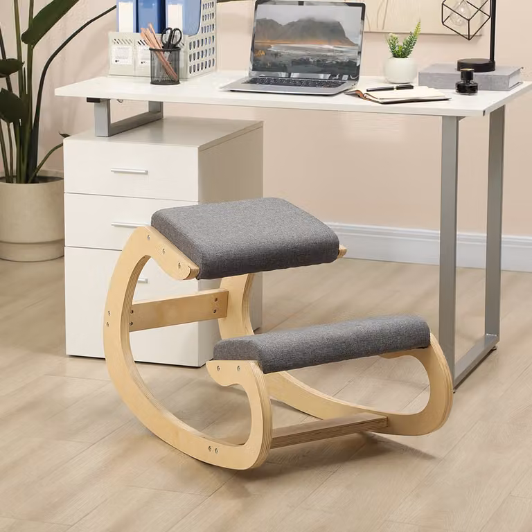 OKWISH Kniekruk Grijs van Berkenhout - Schommelend Ergonomisch voor Thuiswerk en Meditatie - B/D/H: 54,5 x 54 x 85 cm