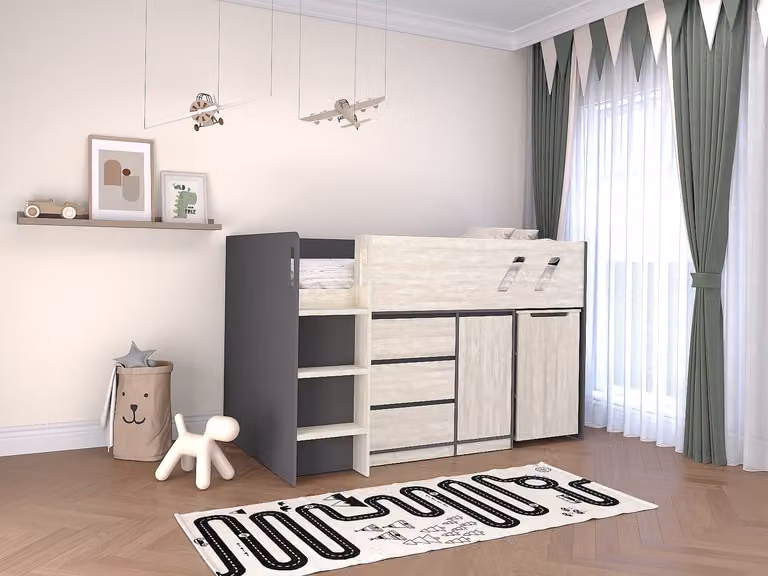 SAGITI Combinatiebed voor kinderen met bureau en opbergruimte, donkergrijs en vergrijsd houteffect, B/D: 90 x 190 cm