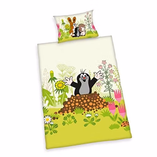 Herding Beddengoedset Der Kleine Maulwurf voor Kinderen, Omkeerbaar, Flanel, Groen/Multicolor, Dekbedovertrek 100 x 135 cm en Kussensloop 40 x 60 cm
