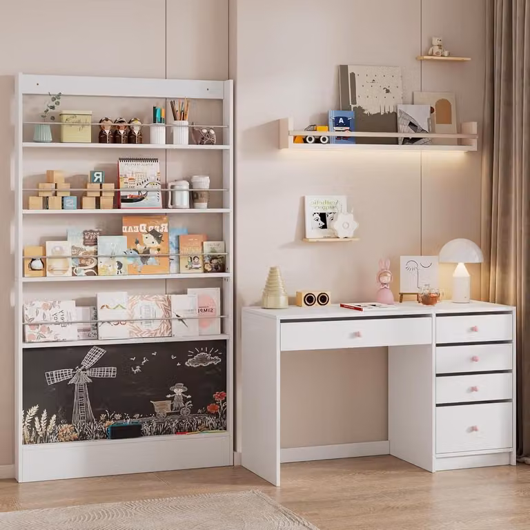 Wit Bureau en Fotoboekenkast Combinatie voor Kinderen met 5 Opbergzones - B/D/H: 120 x 45 x 74 cm
