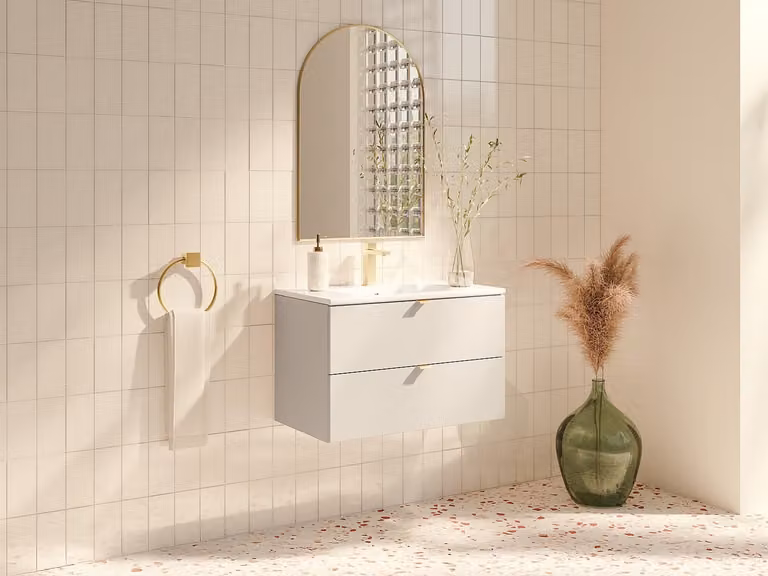 LAVENA Zwevend badkamermeubel met inbouwwastafel en deuren met laden - Beige - 80 cm