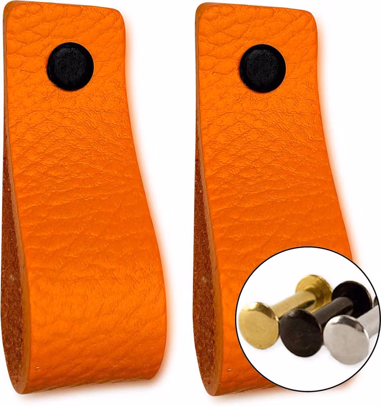 Set van 2 oranje leren handgrepen voor meubels, B/D/H: 16,5 x 2,5 cm, inclusief schroeven