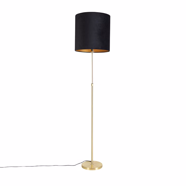 Qazqa Vloerlamp goud/messing met zwarte stoffen kap, dimbaar en hoogte verstelbaar