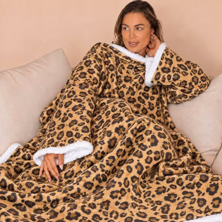 Fleece deken met mouwen voor dames en heren - Luipaardprint - 180 x 130 cm