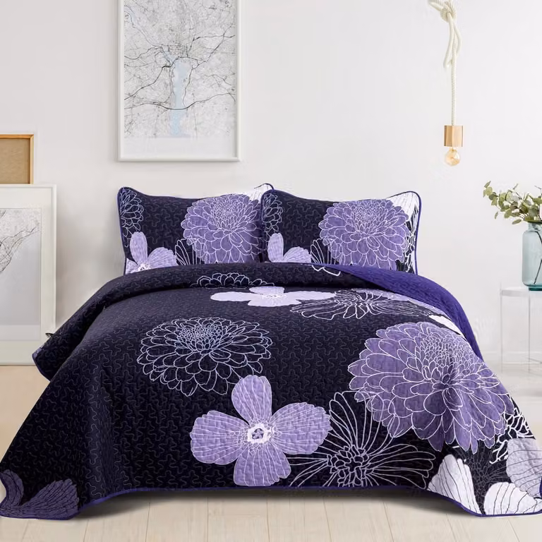 Unyqoos Luxe Sprei en Kussensloop Set met Paarse Bloemen voor de Slaapkamer