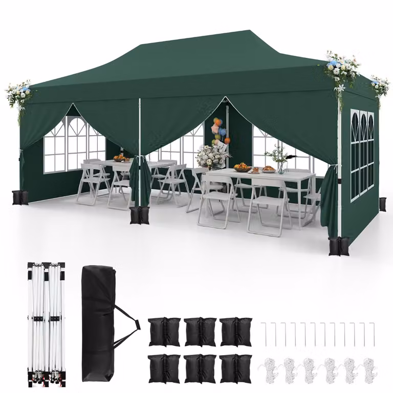 Costway Partytent met 6 Afneembare Zijwanden en Draagtas, Groen, B/D/H: 300 x 600 cm