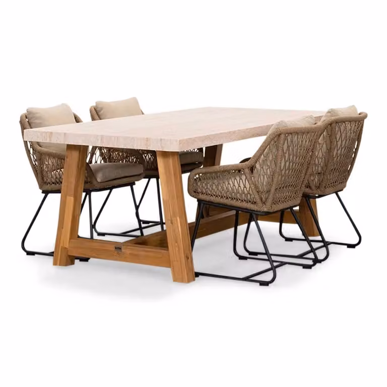Velora Portofino Sahara Dust eettafelset voor 4 personen met travertin en touw, 200 cm