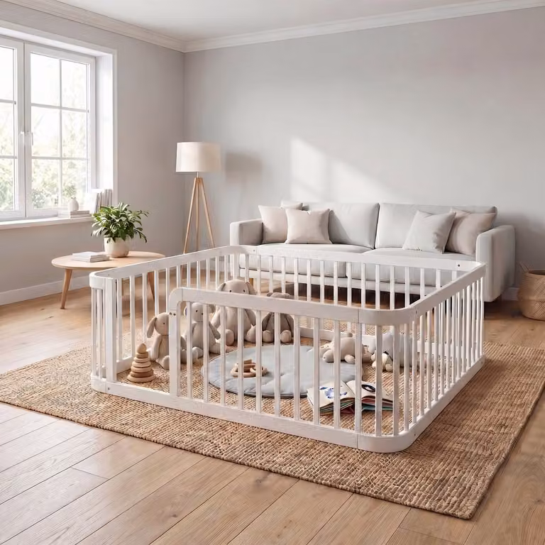 Intebiki Kinderbed Grondbox Baby - Modulair Babyhekje met Veiligheidshek en Lage Instap - Wit - 140 x 200 cm