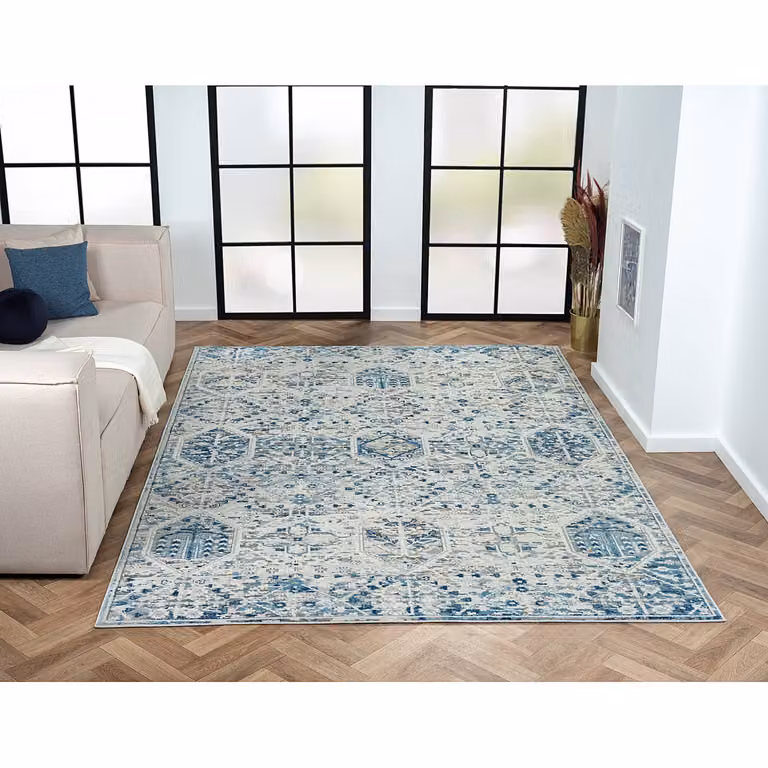 home24 Laagpolig vloerkleed My Heriz II beige en blauw mixweefsel B: 200 cm, D: 290 cm
