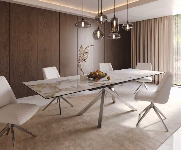 DELIFE Eetkamertafel Edge Minas Melange wit-beige keramiek met RVS kruisframe, uitschuifbaar, B/D/H: 200-300 x 100 x 75 cm